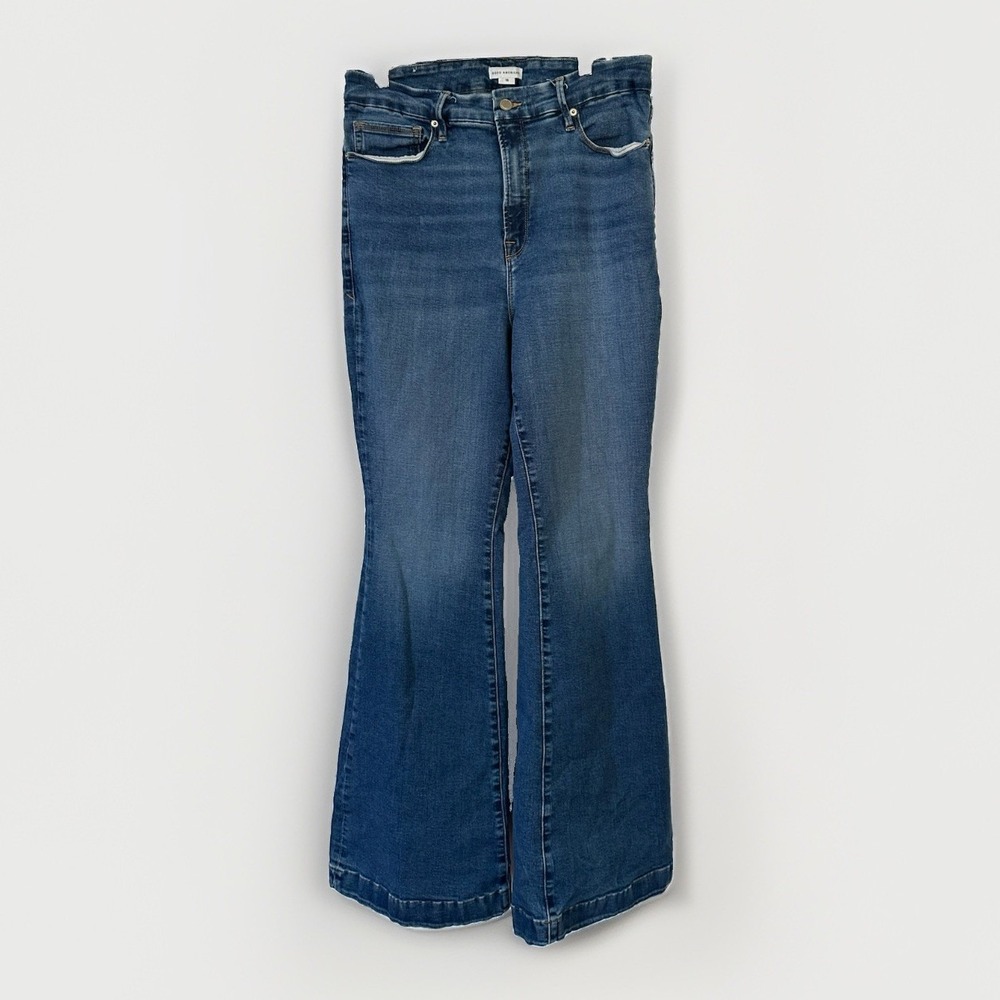 Good American Pull On Flare Jeans Indigo Blue Stretch High Rise 15